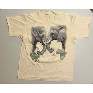 VTG 90s Single Stitch Elephant AOP T Shirt Cream‎ Nature Safari Mens XL